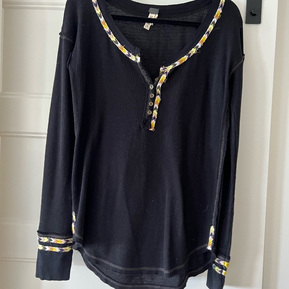 FREE PEOPLE black long sleeve top with front buttons and colorful stitch detail